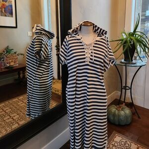 Womens Size XL Nautical Stripe Dress Cover Up Hooded Rope Closure